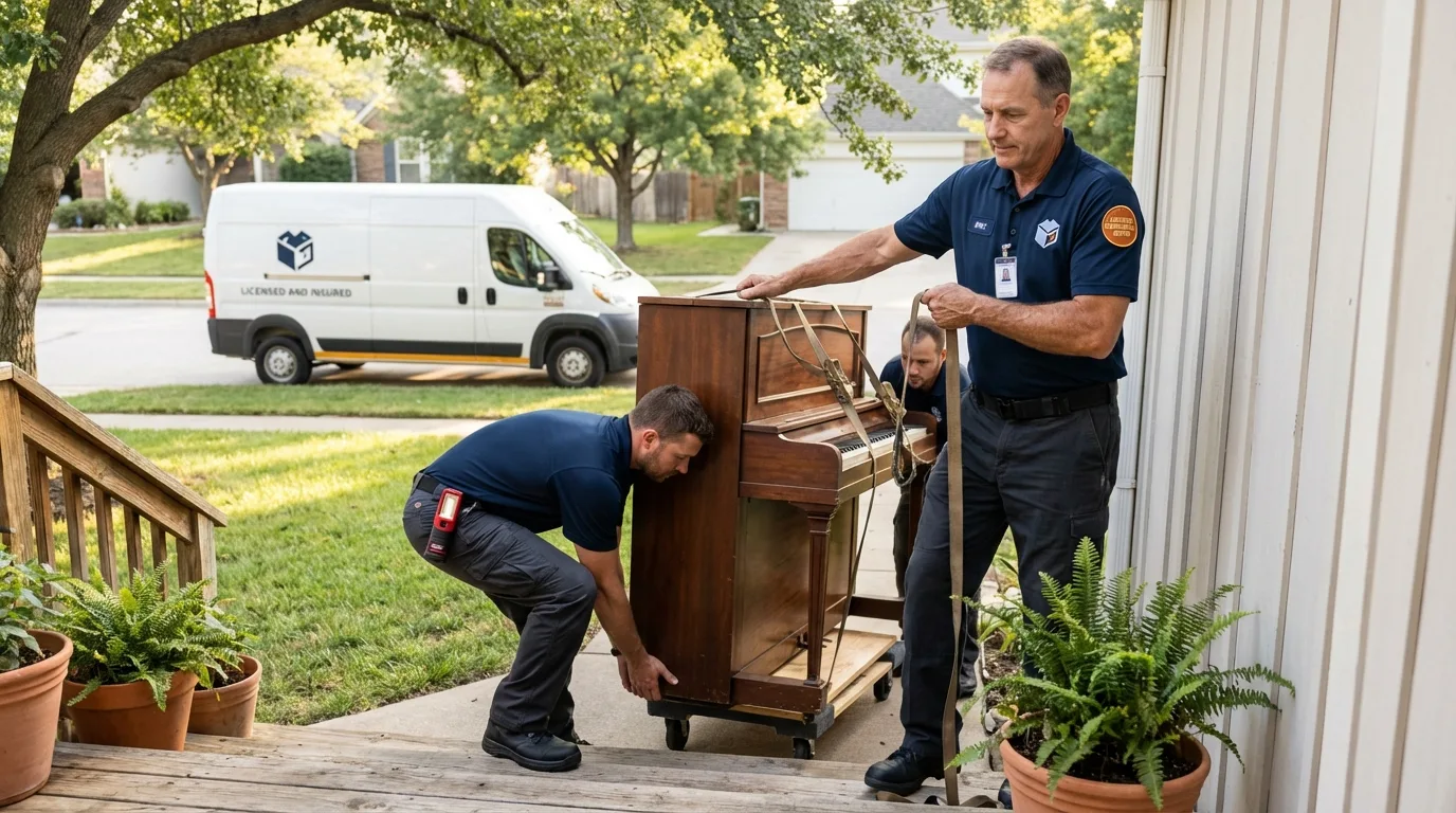 Licensed piano movers securing grand piano in Astatula, FL